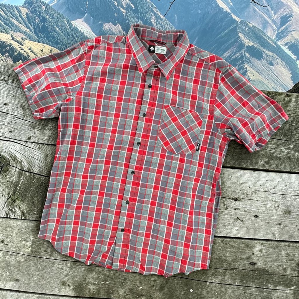 LRG Mens 2XL Red Grey Plaid Short Sleeve Button Down Shirt A162001